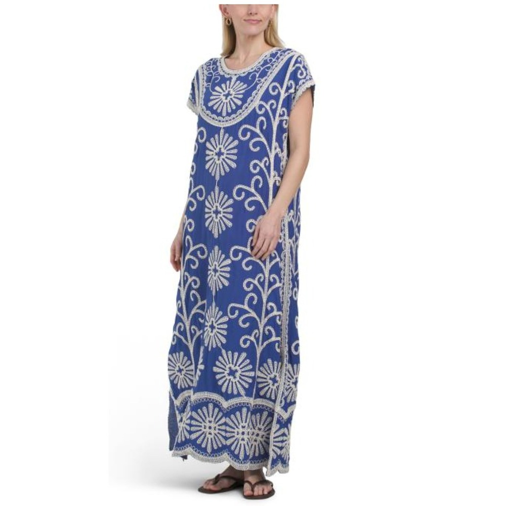 Solitaire Crochet Embroidered Scalloped Maxi Kaftan Dress Summer Festival Boho L